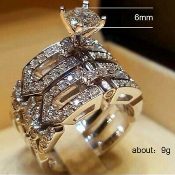 925 Sterling Silver 2 pcs Rings White Sapphire - Picture 4 of 15